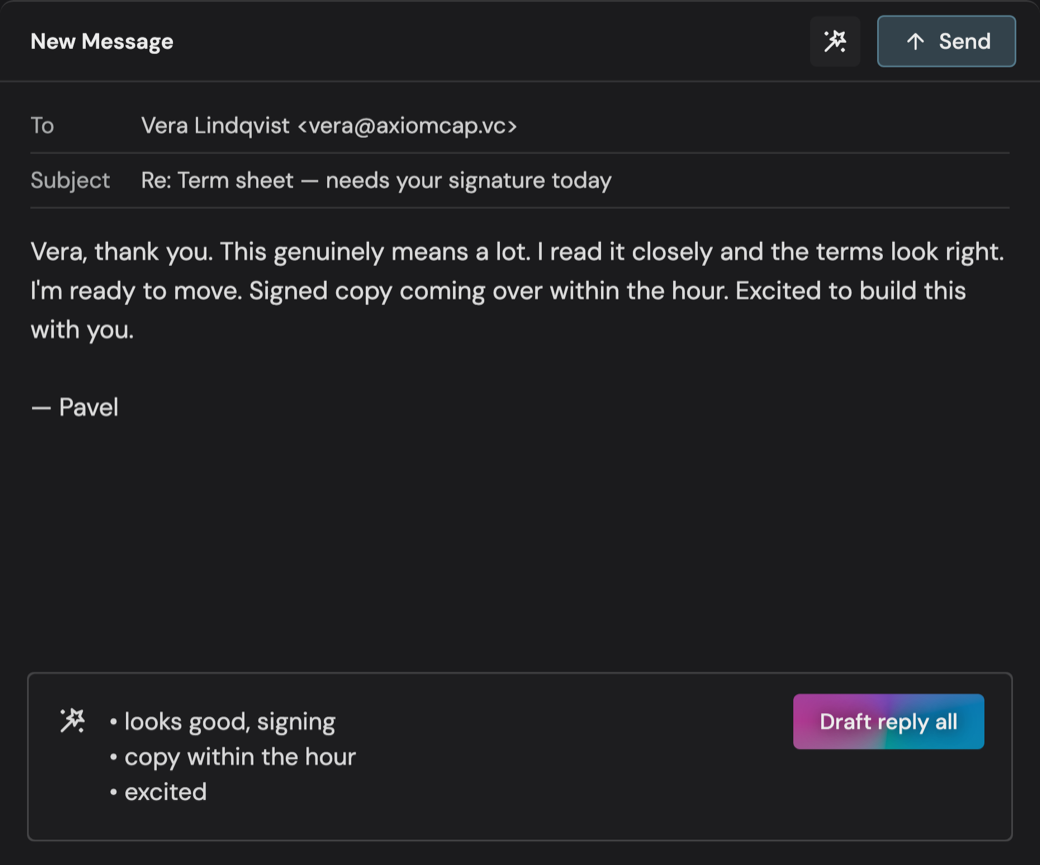 A Quartz reply composed from three bullet points — a warm, on-tone draft to Vera Lindqvist, with the bullets pinned beneath a gradient ‘Draft reply all’ button.